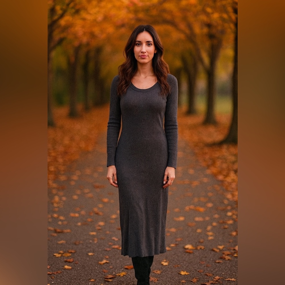LOFT Charcoal Gray Long Sleeve Ribbed Maxi Dress